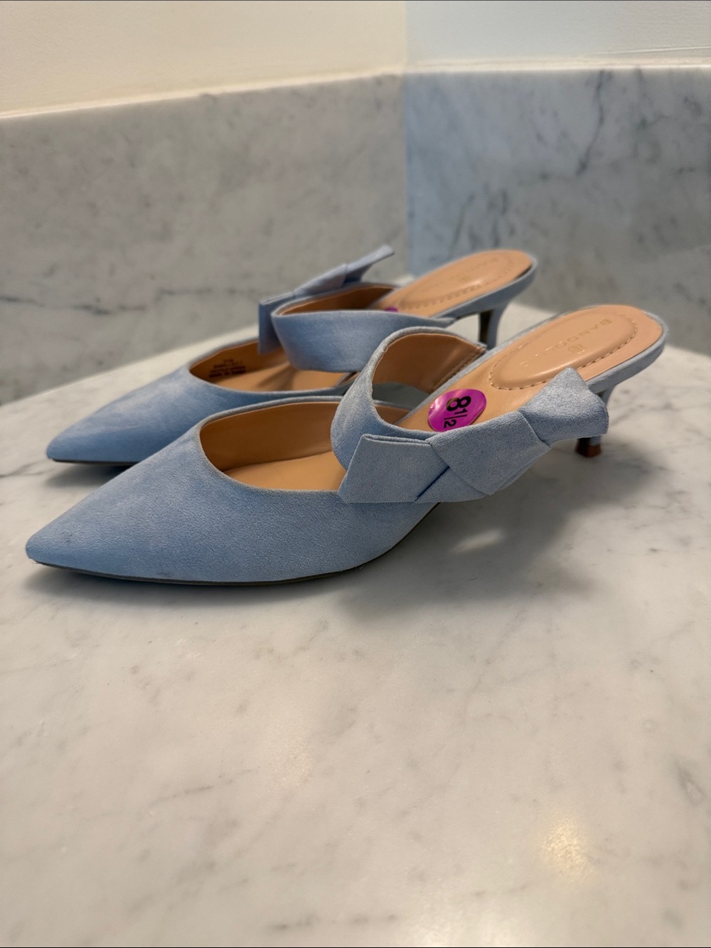 Bandolino Millie Pointed Toe Kitten Heel Mules in Blue Suede, 8.5